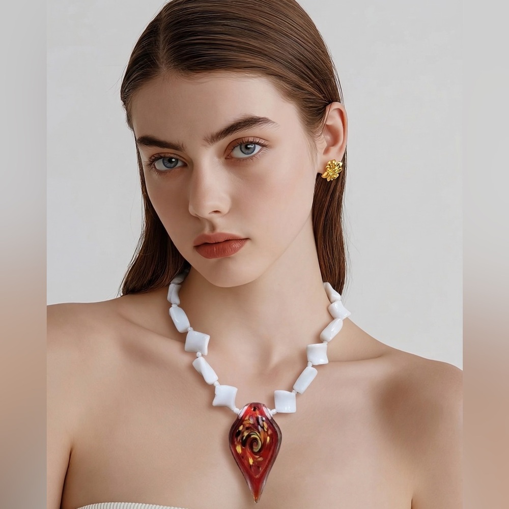 White Chunky Necklace Beads With-A Vibrant Red Yellow & Black Swirl Art Glass
